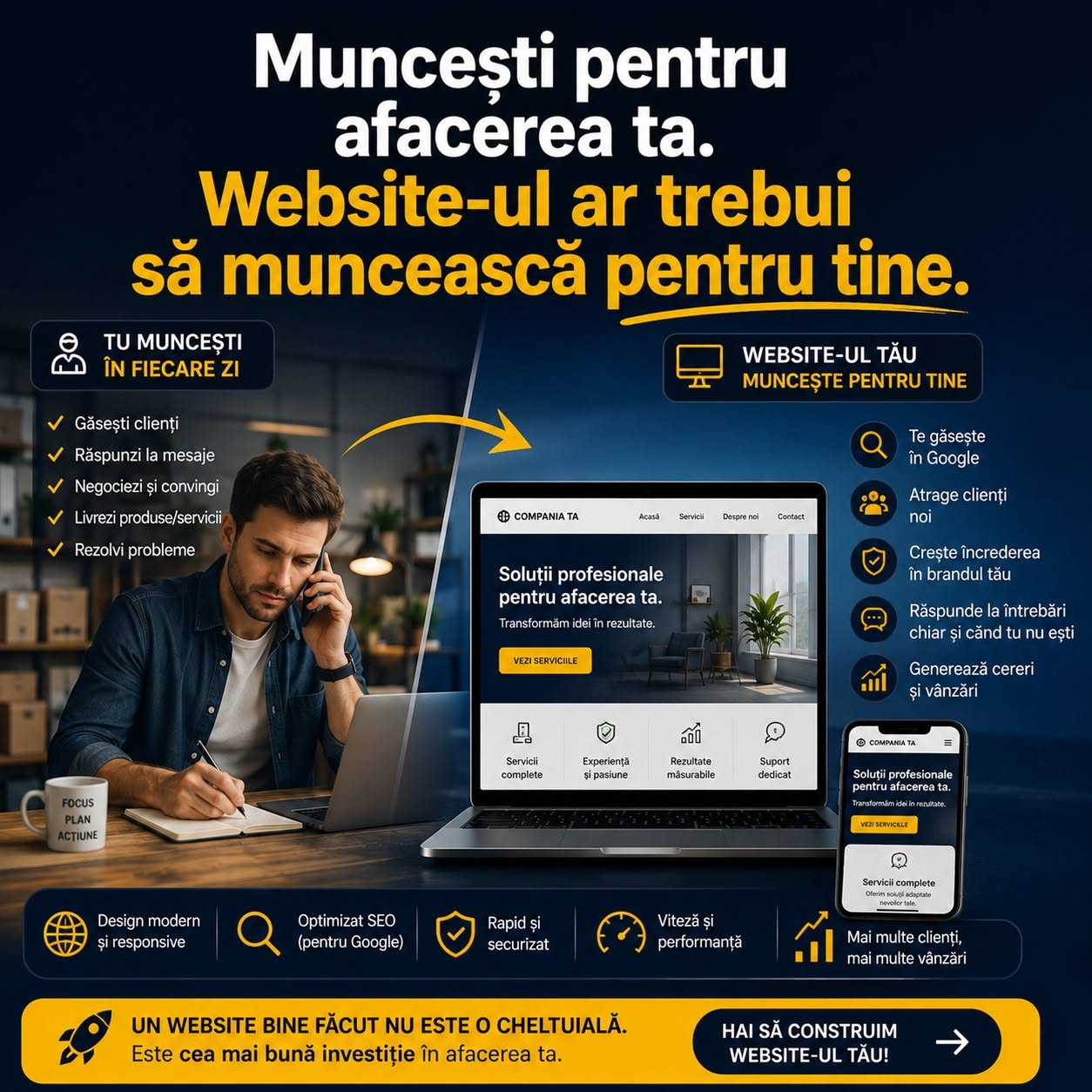 Muncești pentru afacerea ta. Website-ul ar trebui să muncească pentru tine.